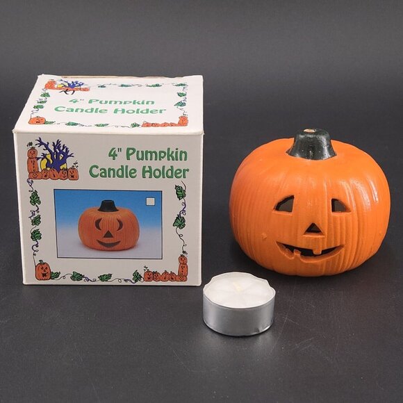 Vintage Halloween Pumpkin Jack O'Lantern Ceramic Candle Holder 4" - Picture 1 of 12
